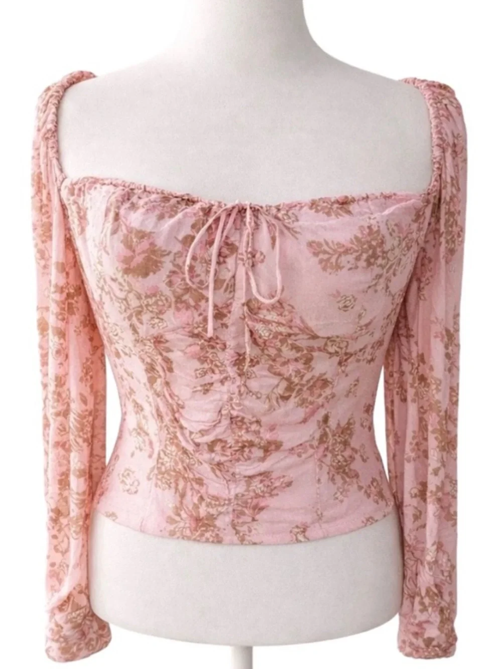 Free People Hilary Floral Ruched Top Pink Square Neck NWT L Fits S